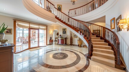 Foyer with luxurious curved staircase, AI generated image