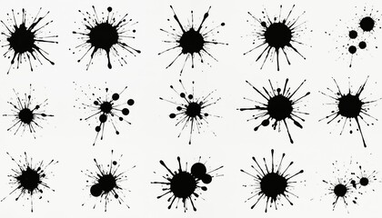 A grid of 12 black ink splatters, varying in size and shape, fills a white background, creating a dynamic and captivating visual effect