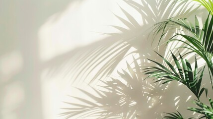 Bright sunlight creates intricate shadows of palm leaves on a clean white wall, evoking a tropical and serene atmosphere.