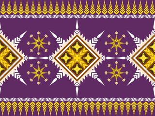 Beautiful traditional Thai pattern on a purple background. The pattern is delicate and intricate. It consists of diamond patterns and yellow flowers, making this image very striking and charming.