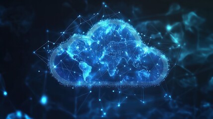 data transfer cloud computing technology concept. There is a large prominent cloud icon in the center with internal connections. and small icon on abstract world map polygon with dark blue background