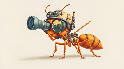 Fototapeta premium A cartoon ant with a helmet and binoculars looking through them.