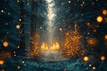 Naklejka premium Christmas background. Xmas tree with snow decorated with garland lights, holiday festive background. 