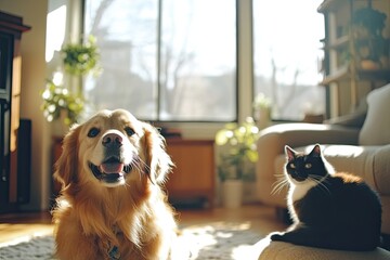 cat and dog seen relaxing in lounge 
