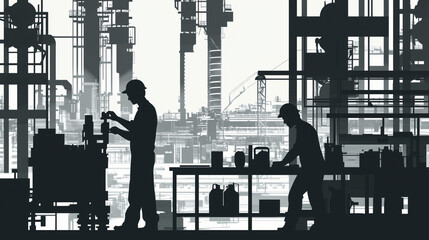 機械製造加工　働く　スタッフ　イラスト　シルエット　モノトーン1