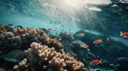 Fototapeta premium Sunlit Coral Reef with Vibrant Fish