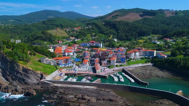 Aerial view from a drone of the landscape around the village of Armintza in the municipality of Lemoniz. Cantabrian Sea. Bizkaia. Basque Country. Spain. Europe
