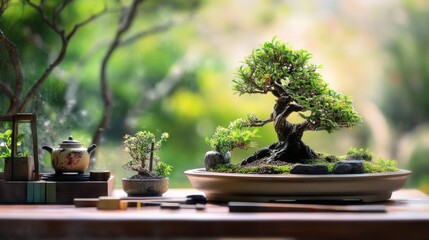 A tranquil bonsai garden with miniature trees and pruning tools, Bonsai care tools and serene Zen elements meticulously arranged, Japanese garden style
