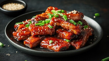 Fototapeta premium Delicious BBQ Ribs with Green Onions and Sesame Seeds