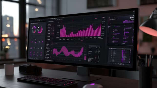 Digital dashboard displaying financial data and analytics with various graphs and charts.