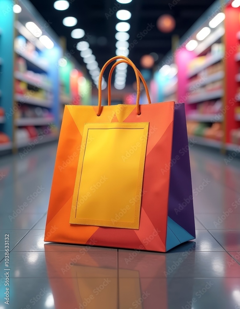 Wall mural colorful shopping bag with empty space for advertising in vibrant retail aisle