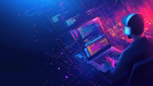 Digital technology, software development concept. Coding programmer, software engineer working on laptop with circuit board and javascript on virtual screen, agile, Generative AI