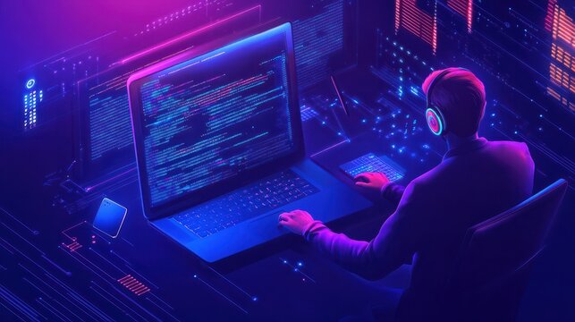 Digital technology, software development concept. Coding programmer, software engineer working on laptop with circuit board and javascript on virtual screen, agile, Generative AI
