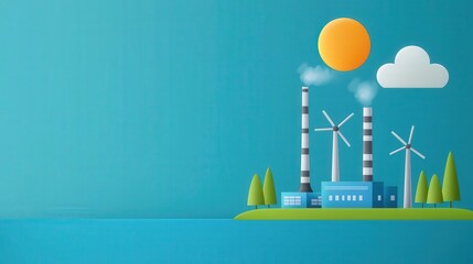 A vibrant and modern illustration depicting energy production with factories, wind turbines, and a bright landscape, emphasizing renewable sources and eco-friendliness.