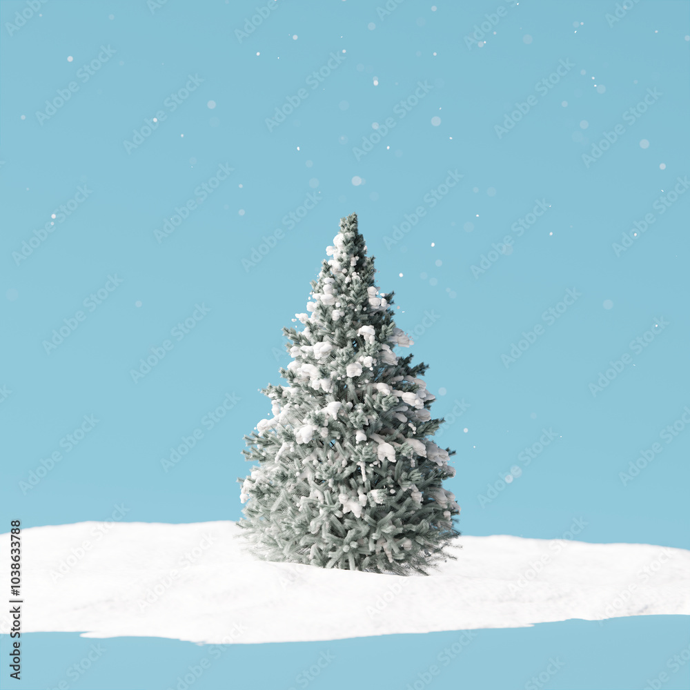 Poster Christmas tree with snow on blue background. 3d rendering