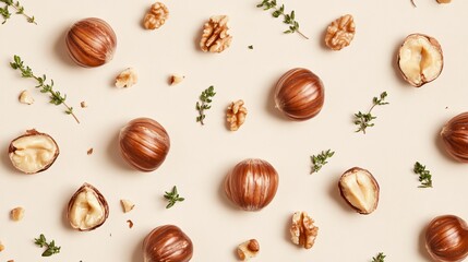 Chestnut halves arranged in a pattern, isolated on a light beige background, accented by sprigs of thyme and cracked walnut shells