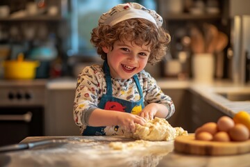 A joyful child plays with dough in a bright kitchen. The warm atmosphere inspires creativity and fun. This image captures the essence of baking and family moments. Generative AI