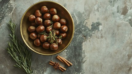 Chestnuts in a brass bowl, placed on a natural stone surface, with small bundles of cinnamon and sprigs of rosemary