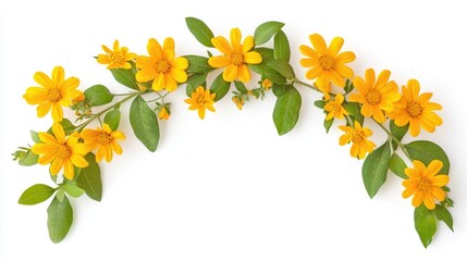 Obraz premium Bright yellow flowers with green leaves arranged in a semi-circle on a white background, creating a cheerful frame