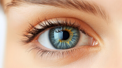 Obraz premium Close-up view of a human eye showcasing intricate blue and green patterns with detailed eyelashes and skin tones