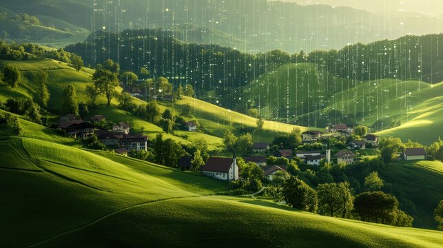 Futuristic Data Overlay on Rolling Green Hills and Village