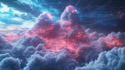 Futuristic representation of cloud technology with data connections and digital interfaces, illustrating modern cloud computing concepts.