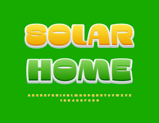 Vector eco template Solar Home. Elegant Green Font. Artistic Alphabet Letters and Numbers set. 