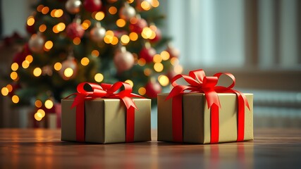 Red ribbon presents by Christmas tree and glowing lights