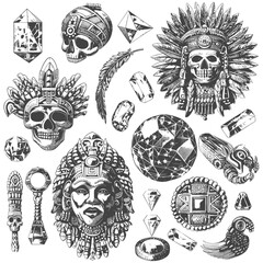 Hand Drawn Aztec and Mayan Skulls Feathers and Crystals