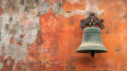 Obraz premium Close-up of a bronze bell on a distressed orange wall, worn metal and faded paint illustrating heritage and old-world craftsmanship.