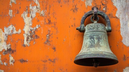Obraz premium Close-up of a bronze bell on a distressed orange wall, worn metal and faded paint illustrating heritage and old-world craftsmanship.
