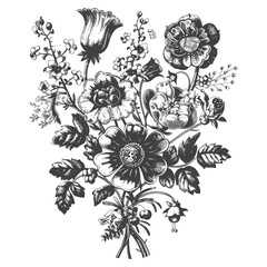 Hand Drawn Black and White Floral Bouquet with Detailed Petals and Leaves