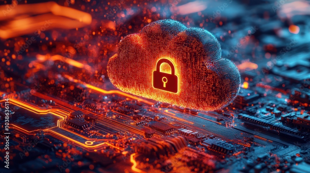 Poster glowing cloud with a padlock is floating over a circuit board, representing the concept of cloud com