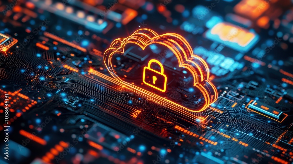 Poster glowing cloud with a padlock is floating over a circuit board, representing the concept of cloud com
