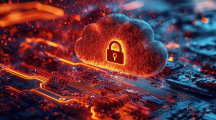 Glowing cloud with a padlock is floating over a circuit board, representing the concept of cloud computing security