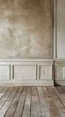 Naklejka premium A rustic interior featuring textured walls and wooden floorboards, capturing a vintage aesthetic with natural lighting.