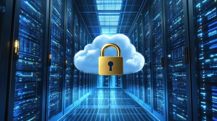 Golden lock symbol on white cloud in server room with blue lights, symbolizing data security