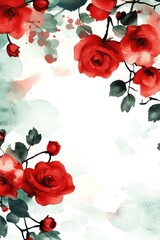A watercolor floral design featuring red roses and green leaves, suitable for invitations or decor.