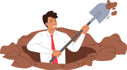 Ambitious business man digs ground with paw in search of treasure or new opportunities for growth. Ambitious sweaty businessman in formal clothes is not afraid to get dirty to achieve goal