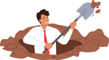 Ambitious business man digs ground with paw in search of treasure or new opportunities for growth. Ambitious sweaty businessman in formal clothes is not afraid to get dirty to achieve goal