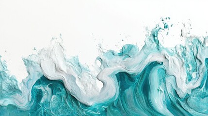Close-up of a textured turquoise wave cresting against a blank white space, emphasizing the wave intricate details and flow