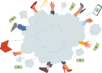 Fight of business people fighting for vacant position, and sticking arms and legs out of dusty block. Clerks fighting over potential client or office employees choosing best workplace