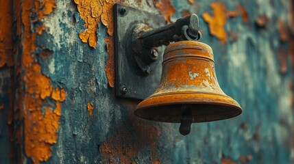 Fototapeta premium Close-up of a vintage bronze bell on a weathered wall, orange paint peeling slightly, evoking a sense of heritage and nostalgia.