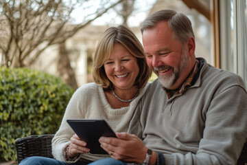 A happy middle aged couple sitting outdoors on a patio as they both smile and look at a tablet together
