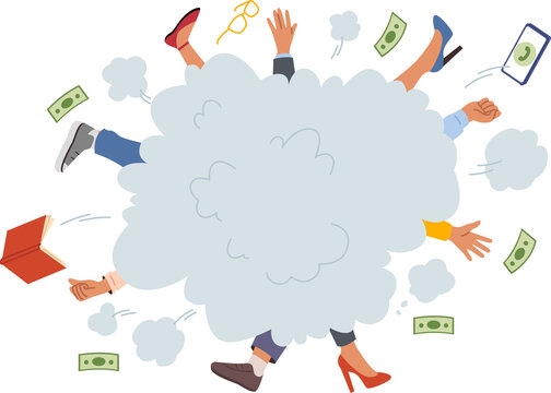 Fight of business people fighting for vacant position, and sticking arms and legs out of dusty block. Clerks fighting over potential client or office employees choosing best workplace