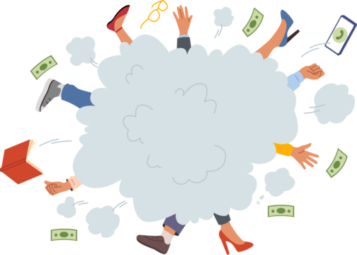 Fight of business people fighting for vacant position, and sticking arms and legs out of dusty block. Clerks fighting over potential client or office employees choosing best workplace