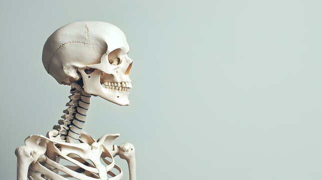A realistic human skeletal model positioned against a neutral background for educational purposes in a classroom or medical setting