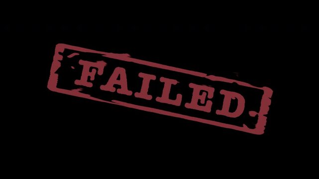 "Failed" rubber stamp ink block title impact strike in red ink failure rejected or rejection certification seal 4K with transparent alpha channel background