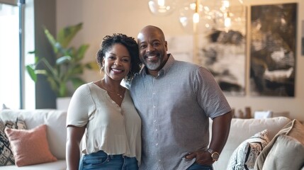 A couple posing with their newly purchased dining set, ready to entertain friends and family in their updated space.