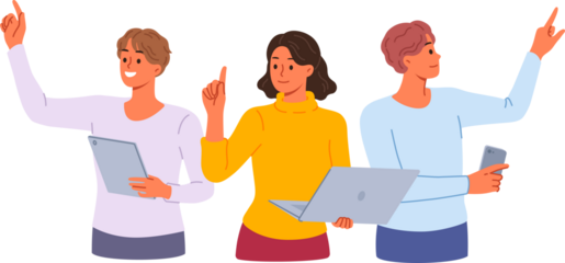 Team of freelancers with gadgets, working together on complex project, stretching out hands to virtual screens. Freelancers use modern technologies to fulfill orders from online clients